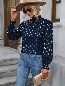 SHEIN Essnce 燙金荷葉袖褶邊襯衫 - 藍色 - 查看 4