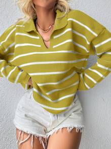 SHEIN Cottnline Striped Pattern Drop Shoulder Sweater - Yellow - View 4
