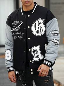Manfinity Roughcore Men's Text Print Color-Blocked Oversized Baseball Padded Coat - Black - View 1