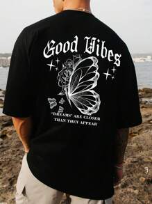 Manfinity EMRG Hombres Camiseta de hombros caídos con estampado de mariposa y slogan - Negro - Ver 1