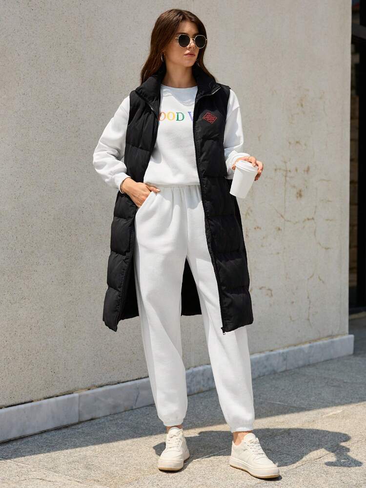 Long Winter Puff Coat Vest With Print Black Casual