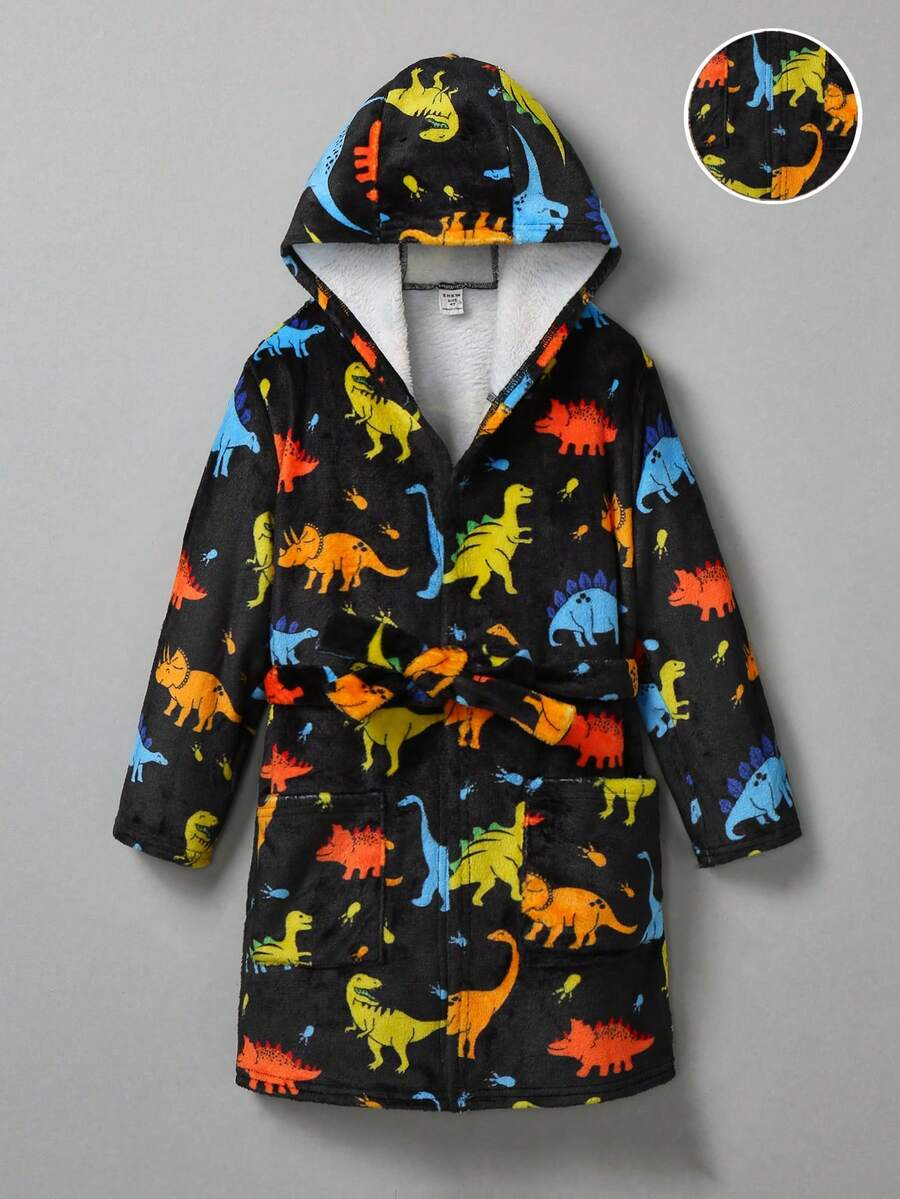 SHEIN Young Boy Plush Dinosaur Pattern Hooded Loungewear - Multicolor - View 1
