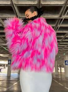 SHEIN SXY 色塊開衩前短毛絨外套,派對穿搭必備 - 玫紅色 - 查看 2