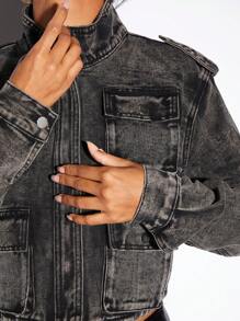 SHEIN BAE 翻蓋口袋短款牛仔夾克 - 灰色 - 查看 6
