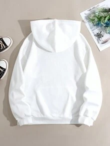 SHEIN EZwear Đồ họa Hoạt hình Túi kangaroo Dây rút Áo hoodie ấm áp - trắng - Xem 2