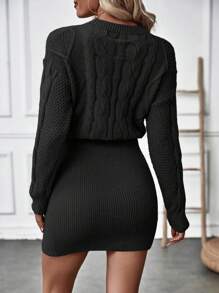 SHEIN Clasi 麻花編織落肩袖毛衣洋裝 - 黑色 - 查看 2