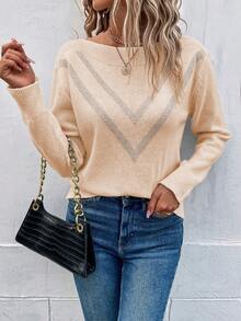 SHEIN LUNE Mô hình Chevron Cổ thuyền Thả vai Áo len - Màu be - Xem 3