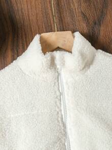 SHEIN Tween Girl Zip Up Drop Shoulder Teddy Jacket - White - View 4