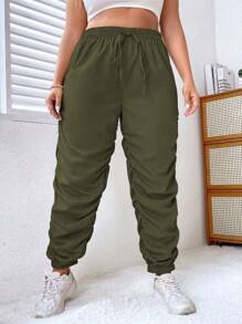 Flirla 大碼腰部抽繩褶邊長褲 - 軍綠色 - 查看 1