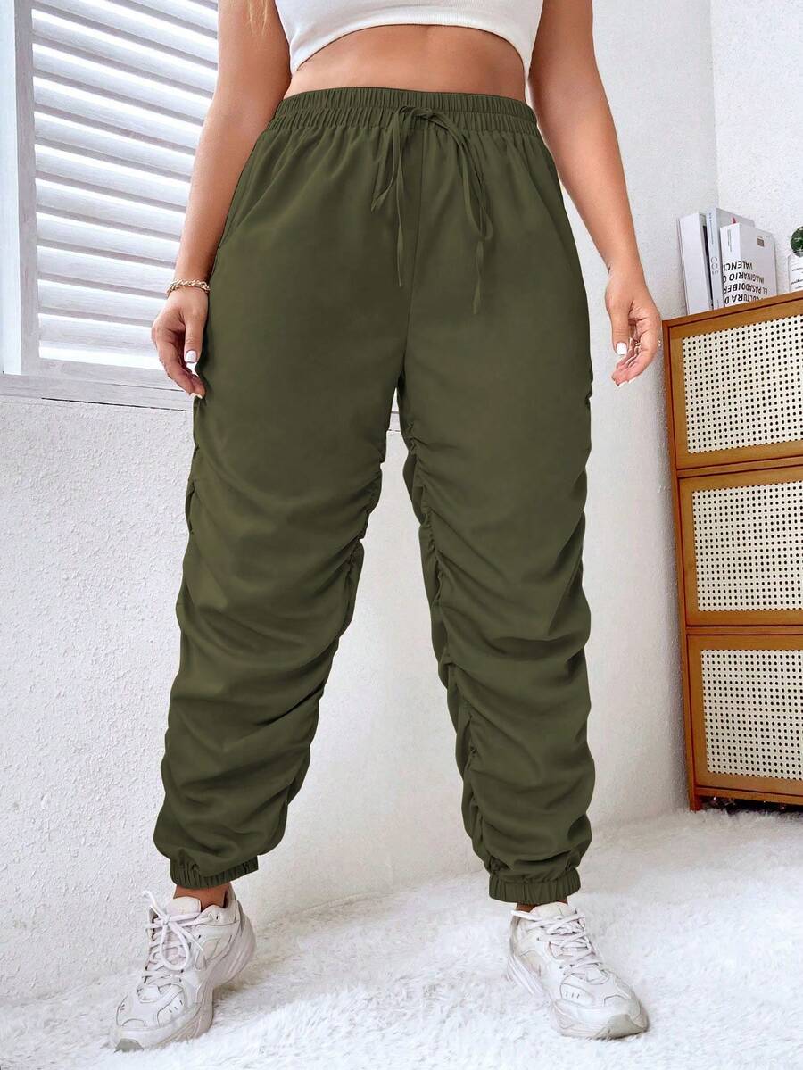 Flirla 大碼腰部抽繩褶邊長褲 - 軍綠色 - 查看 1