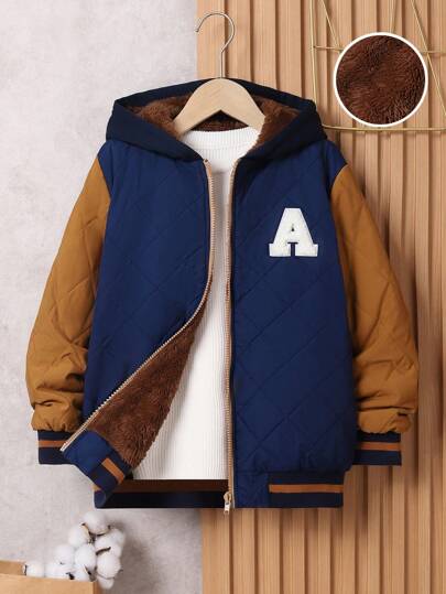 SHEIN Tween Boy Letter Patched Striped Trim Teddy Lined Hooded Quilted Coat Without Sweater,In Fall/Winter