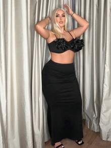 SHEIN SXY Talla grande Falda unicolor bajo sirena fruncido - Negro - Ver 4