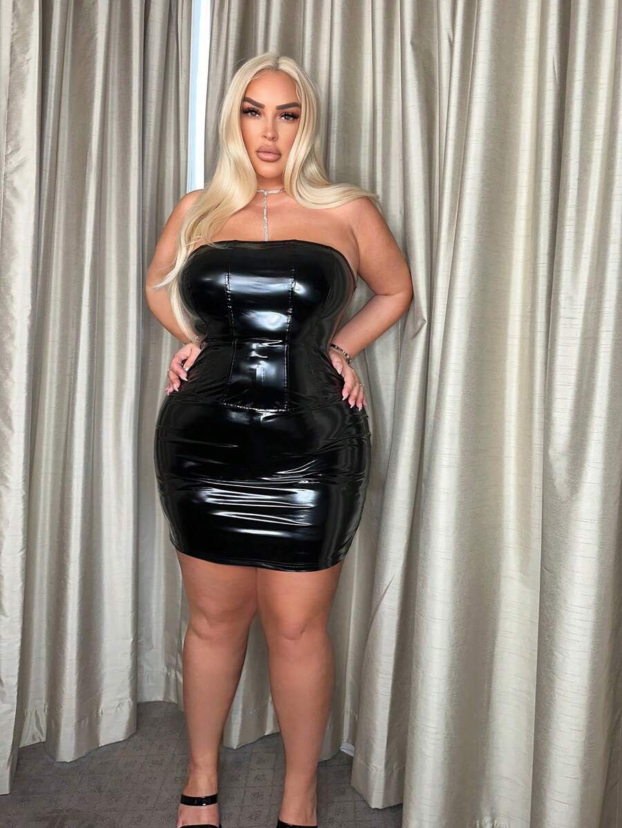 SHEIN SXY Hơn chất liệu da PU Đầm bó sát ống - màu đen - Xem 1