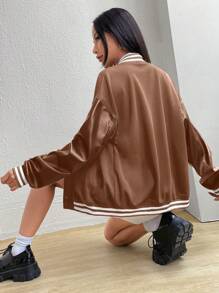 SHEIN EZwear Letter Patched Striped Trim Drop Shoulder Varsity Jacket - Mocha Brown - View 3