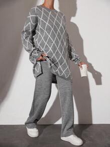 EURMUSE Argyle Pattern Drop Shoulder Sweater & Knit Pants - Light Grey - View 4