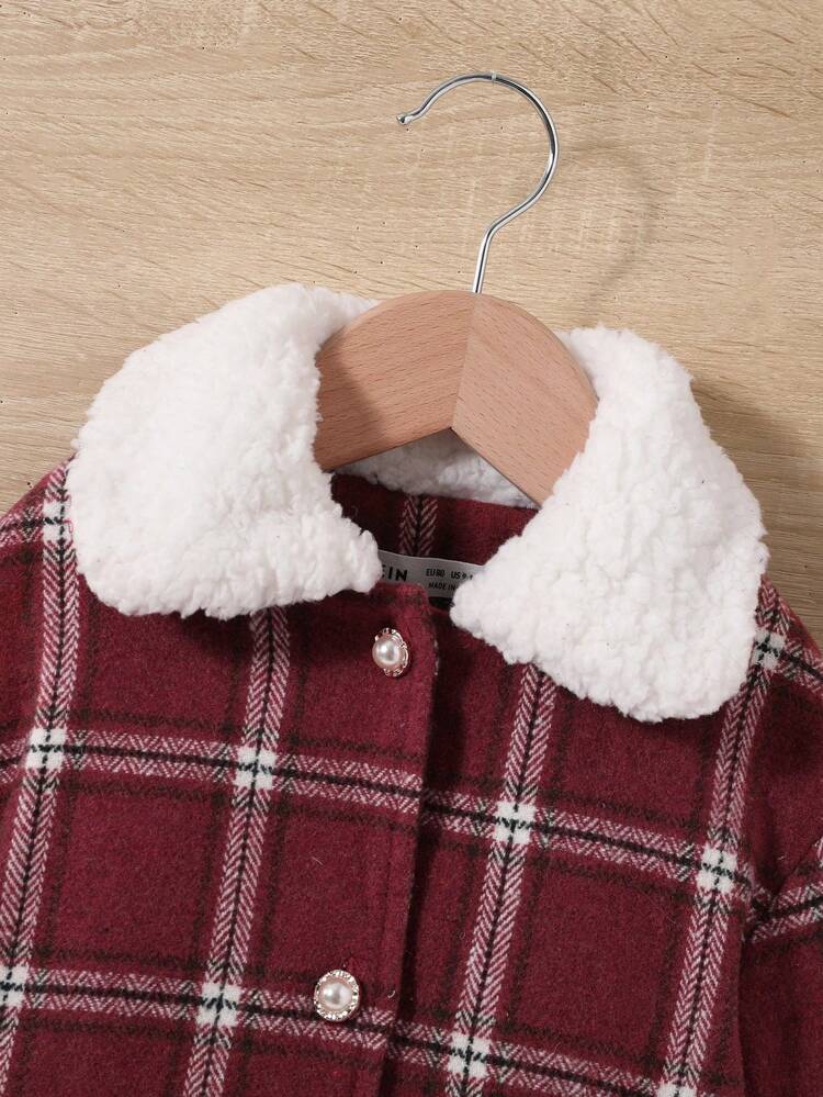 Baby Girl Plaid Print Borg Collar Flounce Sleeve Overcoat