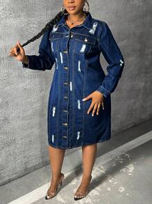 SHEIN Privé Hơn Rách Chi tiết về Flap Áo khoác denim - Màu xanh lam - Xem 3