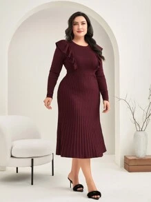 Modelyn Burgundy Red Plus Ruffle Trim Pleated Hem Sweater Dress - Burgundy - View 4