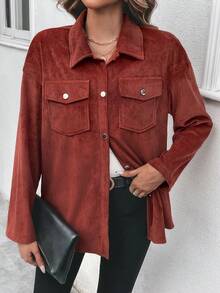 SHEIN Frenchy 翻蓋口袋落肩袖燈芯絨大衣 - 紅色 - 查看 6