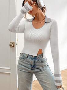 SHEIN EZwear كنزة صوف لوحة متباين بحافة شق - أبيض - مشاهدة 6