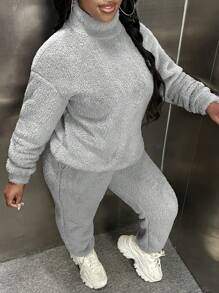 Slaydiva 小高領落肩袖毛絨套頭衫和褲子 - 灰色 - 查看 4