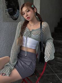 DAZY 1pc Lace Up Front Crop Open Knit Cardigan Sheer - Green - View 5