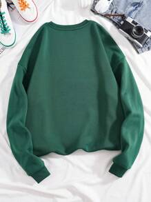 SHEIN Essnce Đồ họa Khẩu hiệu Lót nhiệt Áo nỉ - Màu xanh lá cây đậm - Xem 2