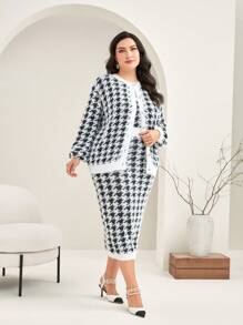 Modelyn Hơn 1 Miếng Đồ họa Houndstooth Thả vai Áo len Mở & 1 Miếng Váy len yếm - Đen và trắng - Xem 3