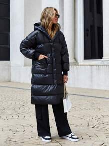 EURMUSE Zip Up Hooded Puffer Coat - Black - View 5