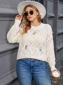 Calvaya Plus Floral Embroidery Pointelle Knit Drop Shoulder Sweater - White - View 5