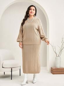 Modelyn Plus Cable Knit Drop Shoulder Sweater & Knit Skirt 2-delat set
