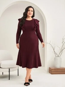 Modelyn Burgundy Red Plus Ruffle Trim Pleated Hem Sweater Dress - Burgundy - View 1