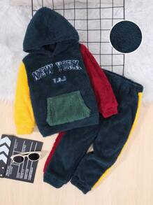 Young Boy Letter Embroidery Colorblock Teddy Hoodie & Pants - Navy Blue - View 1