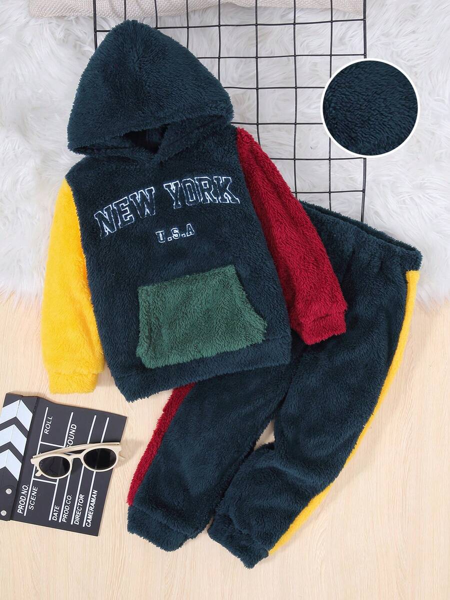 Young Boy Letter Embroidery Colorblock Teddy Hoodie & Pants - Navy Blue - View 1