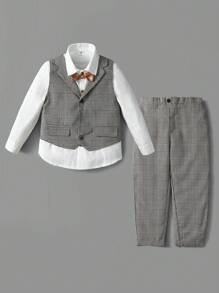 Young Boy Bow Front Shirt & Plaid Waistcoat & Pants - Multicolor - View 1