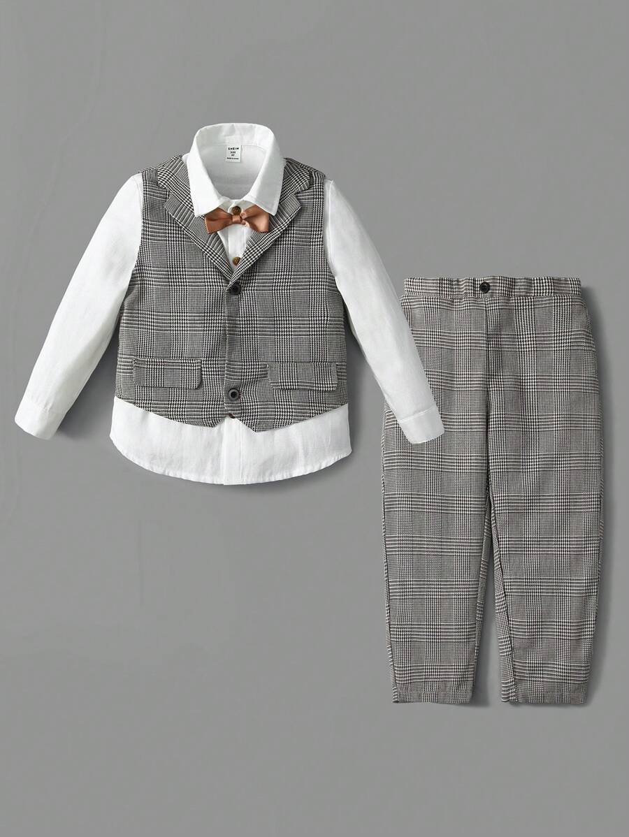 Young Boy Bow Front Shirt & Plaid Waistcoat & Pants - Multicolor - View 1
