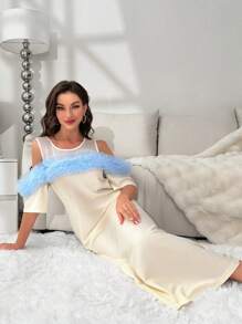 Women Nightgowns & Sleepshirts Kontras Faux Fur Kontras Mesh Ruffle Blok Warna Cantik-Mewah - Aprikot - View 5