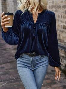 EMERY ROSE Notched Neckline Lantern Sleeve Tee Fall Cloth For Women - Blue - View 5