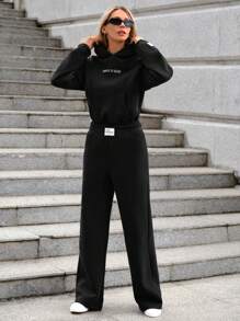 EURMUSE Letter Graphic Drop Shoulder Hoodie & Sweatpants - Black - View 3