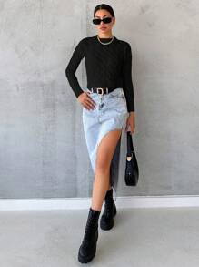 EURMUSE Solid Drop Shoulder Crop Sweater - Black - View 4