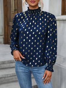 SHEIN Essnce 燙金荷葉袖褶邊襯衫 - 藍色 - 查看 6