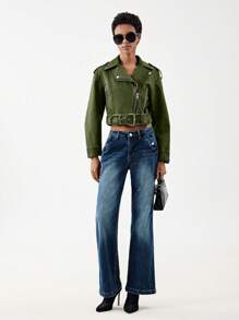 SHEIN BIZwear Zip Up Belted PU Leather Moto Jacket - Green - View 4