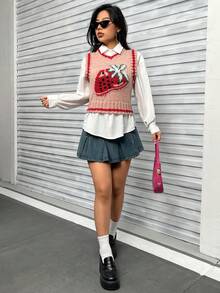 SHEIN Qutie 草莓圖案條紋飾邊毛衣背心不帶襯衫 - 粉色 - 查看 5