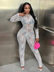 Slaydiva 花卉蕾絲彈力緊身連體褲不附內衣 - 白色 - 查看 4