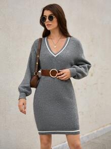 SHEIN Frenchy Striped Trim Drop Shoulder Sweater Dress Without Belt Winter Casual - Grey - View 6