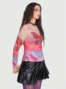 ROMWE Butterfly Print Lettuce Trim Mesh Top Without Bra - Multicolor - View 3