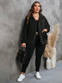 SHEIN LUNE Plus Dual Pocket Drop Shoulder Zipper Teddy Coat Winter Fall Autumn