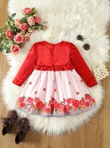 Bebé niña Vestido con estampado floral ribete con fruncido de cuello bobo