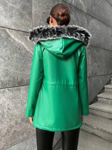 EURMUSE Women's Pu Jacket With Collar And Waist Drawstring Design - Green - View 2