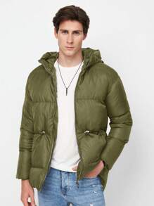 RueChic Men Drawstring Waist Hooded Puffer Coat - Green - View 1